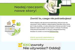 Plakat o ekozwrotach inpost. Zawiera zachętę do skorzystania z usługi i informację, że więcej szczegółów można poznać wchodząc na stronę inpost w zakładkę odbieram i dalej ekozwroty.