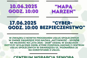 Plakat informujący o warsztatach z cyklu Profilaktyka dla seniora. W centrum plakatu widnieją ich tytuły Mapa Marzeń i Cyberbezpieczeństwo. Plakat zawiera paski z logotypami, informacje organizacyjne oraz hasztagi: fundusze ue i fundusze europejskie.