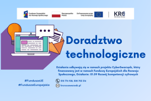 Plakat zawiera tytuł Doradztwo technologiczne, informację o finansowaniu projektu, dane teleadresowe, dwa hasztagi, pasek z logotypami, ilustrację laptopa, żarówki oraz otwartej koperty, z której wystaje zapisana kartka papieru.