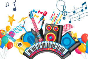 Na białym tle umieszczono duży napis Letnia Dyskoteka Seniora. Pod nim na środku znajduje się kolorowa grafika przedstawiająca balony, nuty, gitary, głośniki i keyboard. Na samym dole umieszczono informacje organizacyjne i logotypy organizatorów.