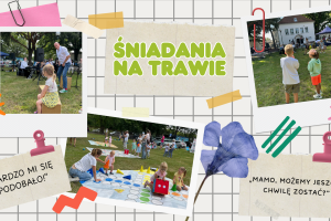 Tablica w kratkę, na której umieszczone są zdjęcia ze Śniadania na trawie i karteczki z napisami.