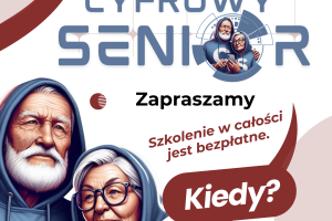Plakat informujący o bezpłatnym szkoleniu dla seniorów pod tytułem Jak nie dać się oszukać. Na plakacie przedstawiono informacje organizacyjne, logotypy organizatorów oraz ilustrację przedstawiającą dwoje seniorów ubranych w bluzy z kapturem.