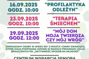 Plakat informacyjny dotyczący najbliższych warsztatów odbywających się w ramach usługi Profilaktyka dla seniorów.