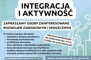 Baner informujący o projekcie Integracja i Aktywność. Informacje zostały przedstawione na błękitnym tle. Na dole plakatu znajduje się biały pasek zawierający logotypy. Podano też telefon kontaktowy i informację o źródle finansowania.