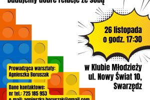 Kolorowy plakat promujący trening umiejętności społecznych dla młodzieży. Plakat zawiera logotypy, informacje organizacyjne oraz dane kontaktowe.