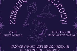 Plakat utrzymany w barwach ciemnego i jasnego fioletu. Umieszczono na nim tytuł zabawa andrzejkowa oraz wszystkie informacje organizacyjne.