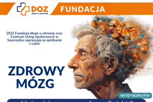 Plakat informujący o bezpłatnym spotkaniu. Oprócz informacji umieszczono grafikę głowy seniora, z której wydobywa się mozaika różnokolorowych kafelków.