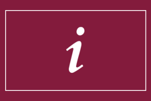 Biała mała litera i na bordowym tle. Baner oznaczający informację.