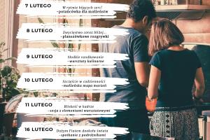 Plakat informujący o wydarzeniach w ramach Międzynarodowego Tygodnia Małżeństwa. Oprócz listy wydarzeń i logotypów na plakacie widnieją dwa zdjęcia.