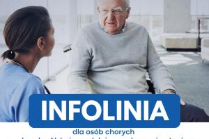 Baner przedstawiający starszego mężczyznę rozmawiającego w gabinecie z kobietą ubraną w strój lekarza. W centrum widać duży napis infolinia.