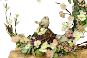 Baner prezentujący część plakatu poświęconego warsztatowi dla seniorów pod tytułem wiosenna ikebana.