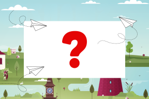 Na tle ilustracji przedstawiającej część ratusza, wieży ciśnień, kościoła oraz jeziora na białym prostokącie umieszczono czerwony znak zapytania.