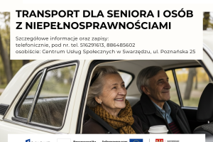 Fragment plakatu przedstawiający dwoje radosnych seniorów siedzących na tylnej kanapie samochodu. Kobieta trzyma w dłoni kubek z plastikową nakładką.