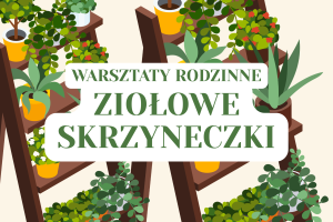 Baner z napisem Warsztaty rodzinne ziołowe skrzyneczki. W tle grafika przedstawiająca stojaki z półkami, na których stoją doniczki z roślinami.