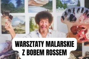 Baner wprowadzający do artykułu. Przedstawia uśmiechniętego malarza Boba Rossa z paletą i pędzlami stojącego na tle ściany z obrazami.
