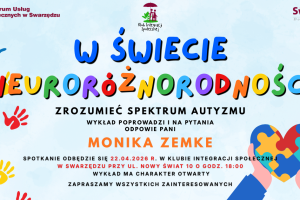 Plakat dotyczący wykładu o NEURORÓŻNORODNOŚCI. Na błękitnym tle są kolorowe dekoracje i logotypy organizatorów.