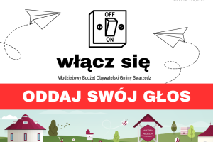 Baner dotyczący głosowania w młodzieżowym budżecie obywatelskim. Tytuł brzmi włącz się. Pod nim duży napis oddaj swój głos.