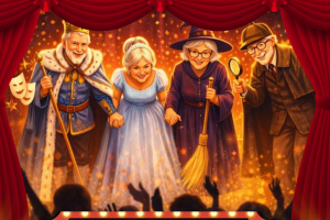 Kolorowy plakat baner do spektaklu pod tytułem Co byś zrobił, gdybym umarła wystawianego przez seniorów z sekcji teatralnej Ośrodka Kultury.