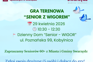 Baner informujący o grze terenowej dla seniorów organizowanej przez Dzienny Dom Senior Wigor w Kobylnicy.