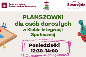 Planszówki dla dorosłych. Jasny plakat z logotypami i kolorowymi napisami.