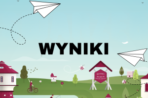Baner informujący o wynikach Młodzieżowego Budżetu Obywatelskiego. Na tle ilustracji Swarzędza, latawców i błękitnego nieba umieszczono napis Wyniki.