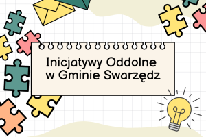 Baner kremowo-biały z tytułem Inicjatywy Oddolne w Gminie Swarzędz. Dookoła tytułu grafika przedstawiająca różnokolorowe puzzle, koperty i żarówka.