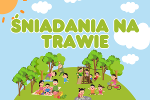 Baner wprowadzający w artykuł o śniadaniach na trawie. Na tle nieba z chmurami i słońcem umieszczono zielone półkole, na którym piknikują rodziny.