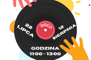Baner wprowadzający w artykuł o letnich dyskotekach dla seniora. W centrum grafika przedstawiająca płytę winylową i dwie wyciągnięte dłonie.