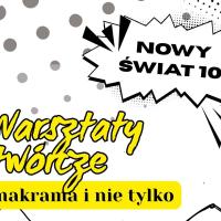 Na biały tle umiesczone są geometryczne kształty, logo klubu oraz tekst promujący warsztaty twórze.