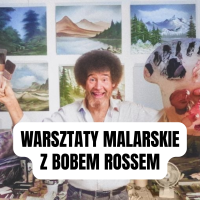 Baner wprowadzający do artykułu. Przedstawia uśmiechniętego malarza Boba Rossa z paletą i pędzlami stojącego na tle ściany z obrazami.