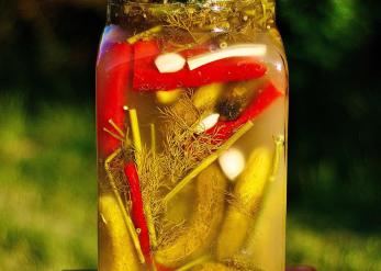 Szklany słoik z zamknięciem, wypełniony kiszonymi ogórkami, czerwonymi papryczkami chili, czosnkiem, koprem i innymi przyprawami. Słoik stoi na drewnianym stoliku, w tle rozmyta zieleń ogrodu.