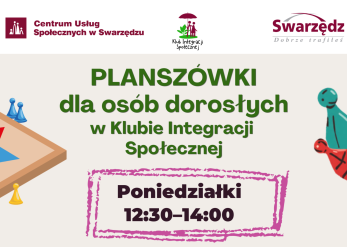 Planszówki dla dorosłych. Jasny plakat z logotypami i kolorowymi napisami.