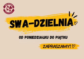 Baner zapraszający do Swadzielni. W lewym górnym rogu znajduje się logo. W centrum napisy: Swadzielnia, od poniedziałku do piątku, zapraszamy.