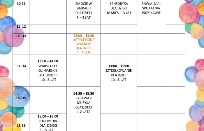 Artystyczne wakacje - grafik zajęć