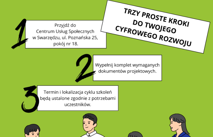 Ulotka pokazująca krok po kroku, co trzeba zrobić, żeby zapisać się na cykl szkoleń w ramach projektu "Aktywni Obywatele w Cyfrowym Świecie". Po pytaniu: Jak się zapisać na cykl szkoleń? umieszczono napis: Trzy proste kroki do Twojego rozwoju cyfrowego. Następnie w trzech osobnych prostokątach ulokowanych jeden pod drugim wymieniono te kroki. Brzmią one następująco: Przyjdź do Centrum Usług Społecznych w Swarzędzu przy ulicy Poznańskiej 25. Zgłoś się do pokoju numer 18 i tam wypełnij dokumenty projektowe. Poczekaj na ustalenie terminu i miejsca realizacji szkoleń - zostaną one dostosowane do Twoich potrzeb. Pod instrukcją umieszczono grafikę przedstawiającą czworo pracowników biurowych, dwóch mężczyzn i dwie kobiety, pracujących na laptopach i rozmawiających ze sobą. Na stole oprócz dwóch laptopów stoi również kubek z wieczkiem. Mężczyzna, drugi od lewej, trzyma w lewej dłoni granatowy kubek. Pod grafiką na samym dole ulotki, na szerokim, białym pasku rozciągniętym od lewej do prawej krawędzi umieszczono następujący napis złożony czarnymi pogrubionymi wersalikami: więcej informacji pod numerem telefonu 500 703 316. Pod napisem ulokowano logo i nazwę Krajowy Plan Odbudowy, flagę i nazwę Rzeczpospolita Polska, logo i nazwę Fundacja Partycypacji Społecznej oraz formułę sfinansowane przez Unię Europejską Next Generation EU wraz z flagą Unii Europejskiej.